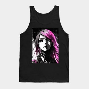 The Art of Shadows: Delve into the Mysterious Black and White Anime Girl World Goth Gothic Fashion Dark Pink Hair Tank Top